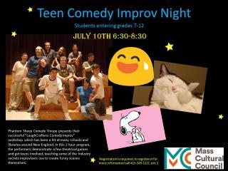 image of improv troupe, Snoopy, kitten and a smiley face