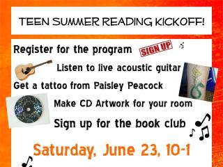 Image of decorated CD, glitter tattoo, ukulele which are all activities available for teens this summer 