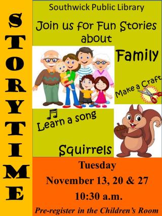 Cartoon type images of a family and also of a squirrel with an acorn