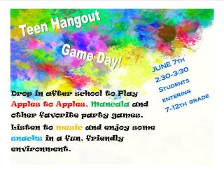 image splats of bright colors advertising game day at the teen hangout
